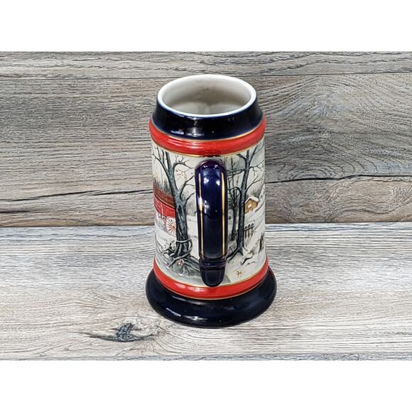 1990 Budweiser Stein Clydesdales Horses Holiday Beer Dark Blue Trim - Picture 6 of 9